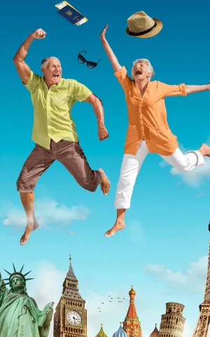 Travelers celebrating and landmarks